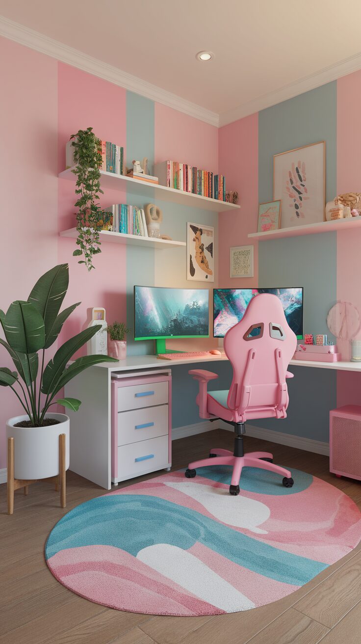 A cozy and aesthetic girl gaming room setup with pink walls, a stylish gaming chair, and a desk featuring dual monitors.