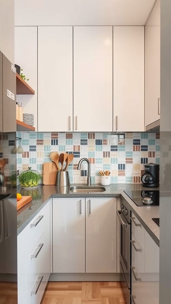 A small kitchen with colorful patterned backsplash tiles.