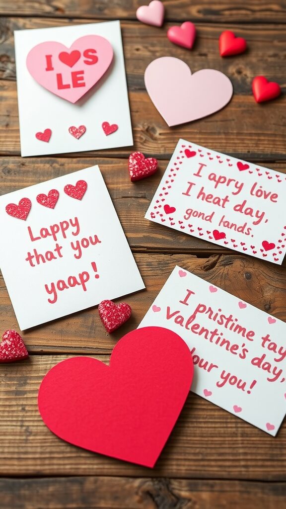 A selection of creative DIY Valentine’s Day cards on a wooden table, featuring heart shapes and playful messages.