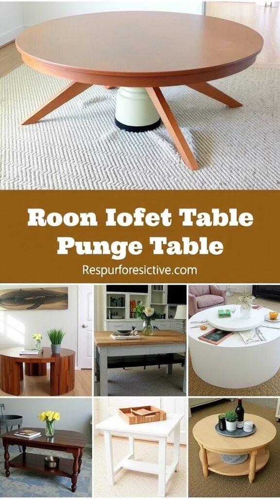 A collage of various round tables repurposed into coffee tables, showcasing different styles and finishes.