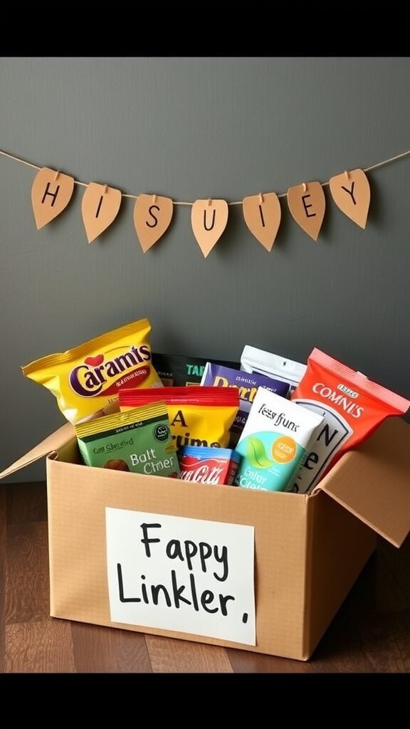 A care package filled with snacks and a banner saying 'HISUEY'.