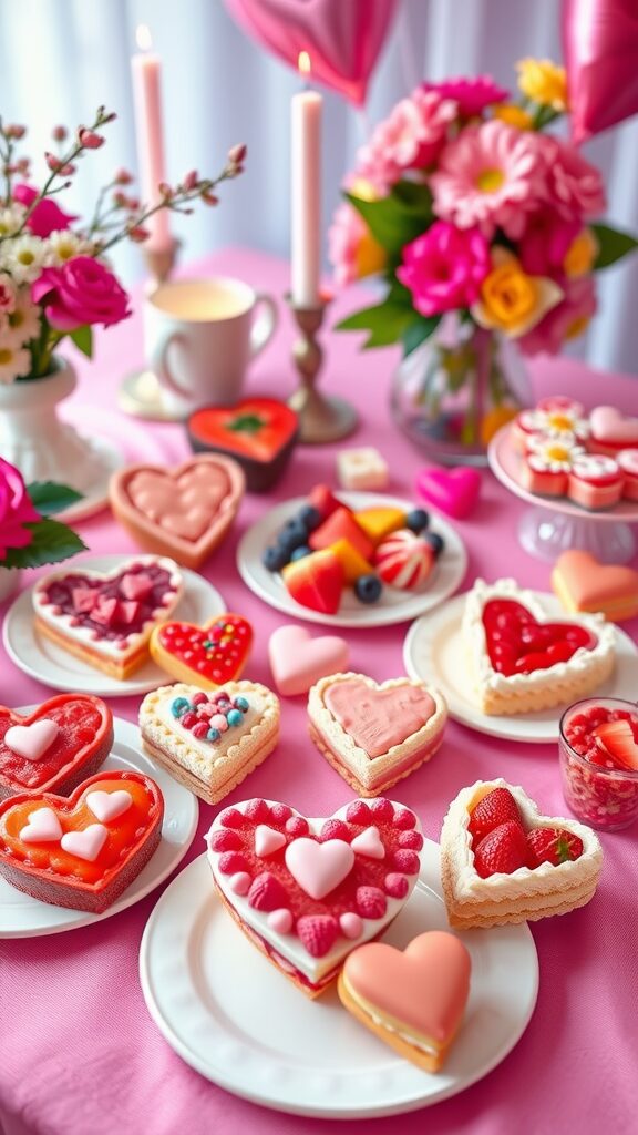 A table beautifully set with heart-themed snacks for a Galentines party, featuring colorful cookies, fruits, and cupcakes.