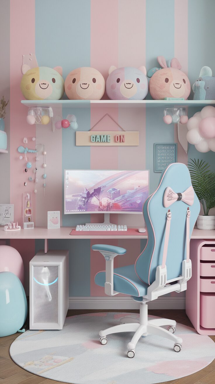 Aesthetic gaming setup featuring a pink and blue color scheme with plush toys, a gaming chair, and desktop.