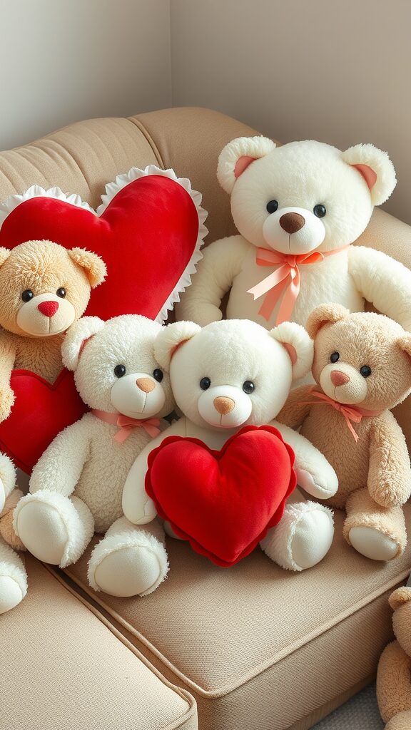 A collection of cute plush toys including teddy bears and heart-shaped pillows arranged on a sofa.