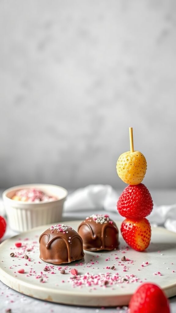 Valentine's Day Snacks - Dairy-free Valentine's Day treats featuring chocolate-covered snacks and a colorful fruit stack