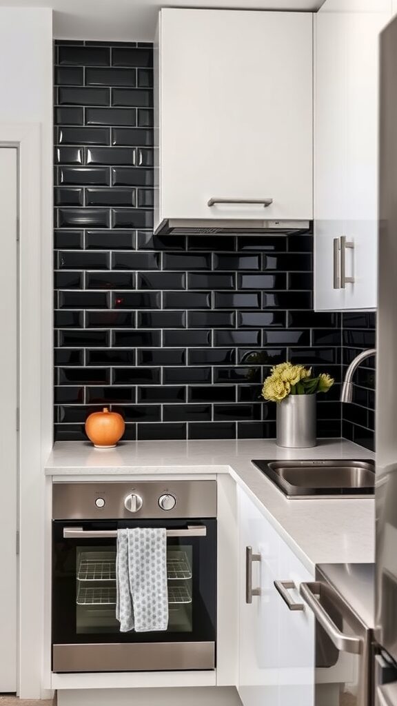 A modern kitchen featuring a sleek black tile backsplash with white cabinets and appliances.