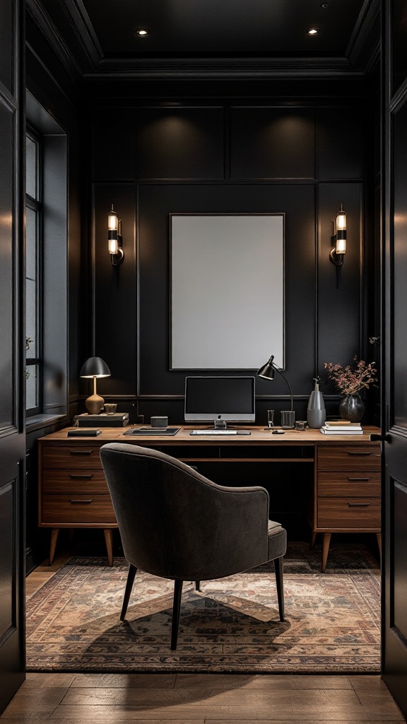 Sophisticated home office with dark walls and wooden furnishings