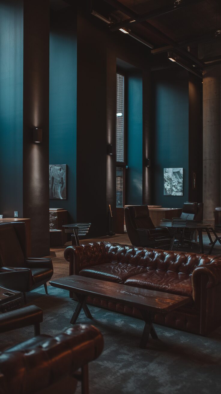 A dark and moody home office with dark gray walls, leather furniture, and modern decor.