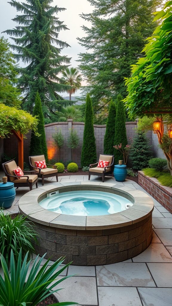 Cozy backyard patio featuring a jacuzzi surrounded by greenery and seating.