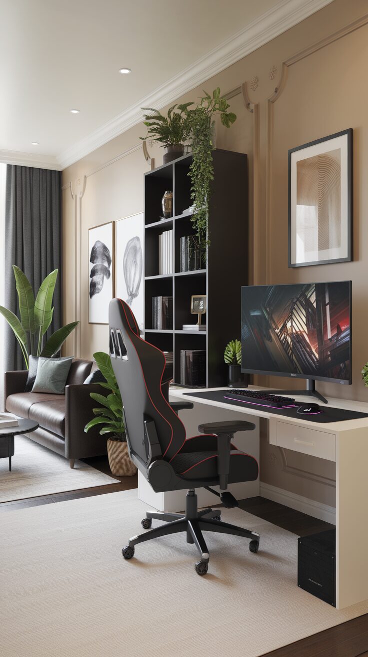 A modern gaming bedroom setup featuring a sleek desk, gaming chair, and stylish decor.