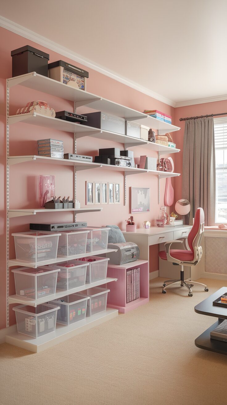 A stylish and organized girly game room featuring a pink gaming desk, shelves, and storage bins.