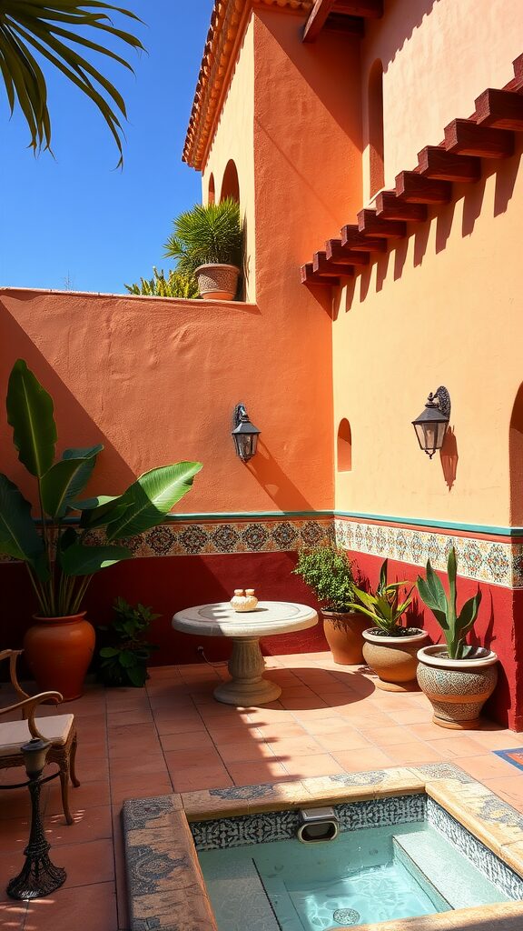 A vibrant Mexican patio featuring a jacuzzi surrounded by tropical plants and colorful walls.