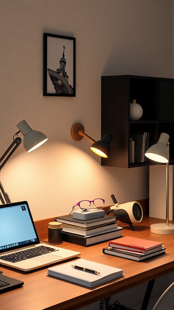 Cozy home office setup with a laptop, books, and stylish desk lamps.