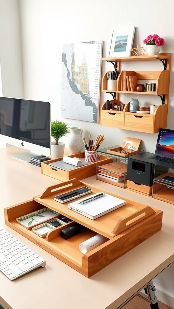 An organized desk featuring wooden storage solutions, a computer, and decorative items.