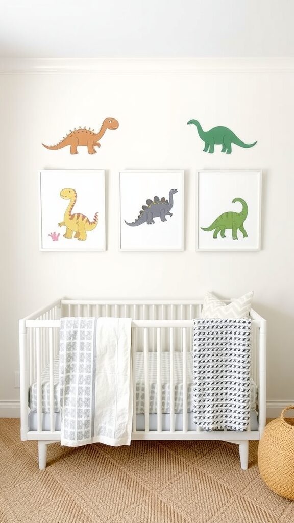 A dinosaur-themed nursery featuring a white crib, neutral colored blankets, and dinosaur art on the walls.