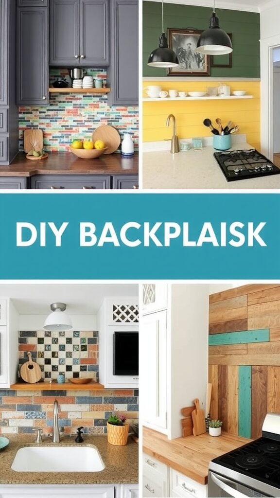 Collage of DIY backsplash ideas featuring various colors and materials in small kitchen settings.