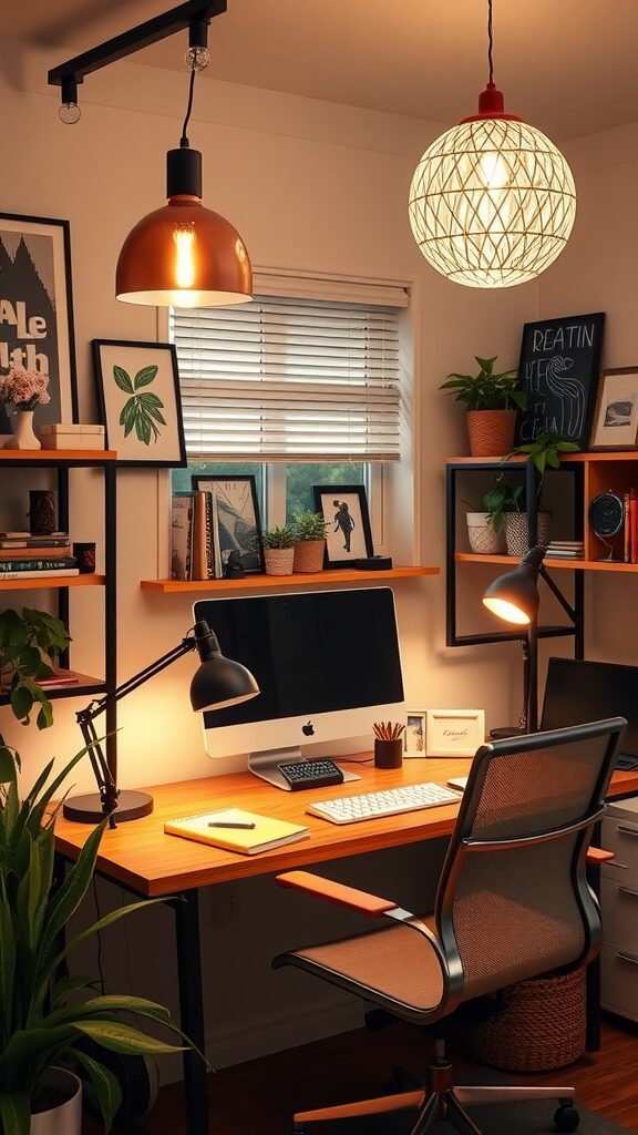 A stylish home office featuring various lighting types including a pendant light, desk lamp, and under-shelf lighting.