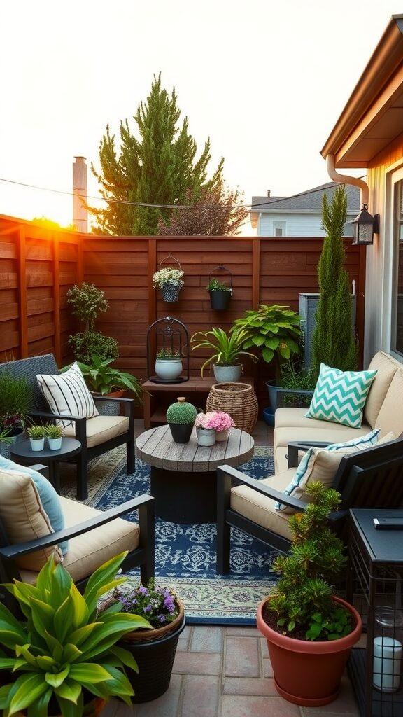 A cozy patio with comfortable seating, plants, and a warm ambiance.