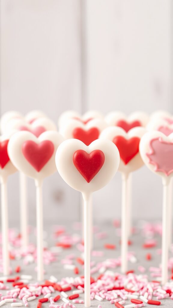 A display of heart-shaped cake pops decorated in red and white colors, perfect for Valentine's Day.