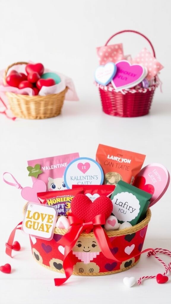 A wicker basket filled with heart-shaped items and pink ribbons, set in a park.