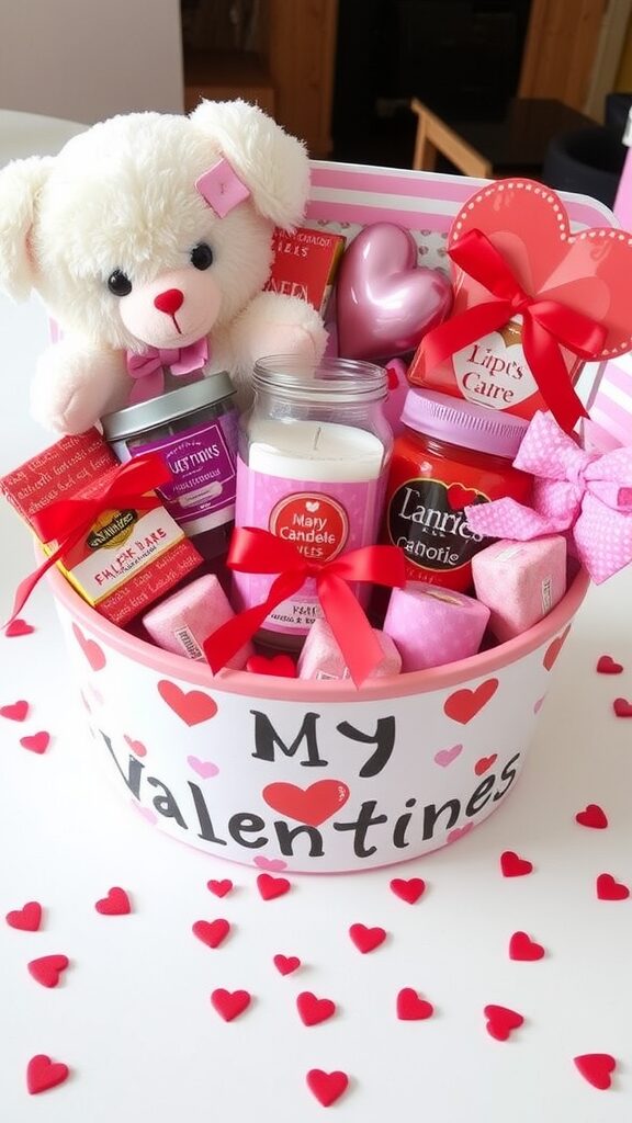 A colorful DIY Valentine gift basket filled with a teddy bear, candles, and treats with hearts scattered around.