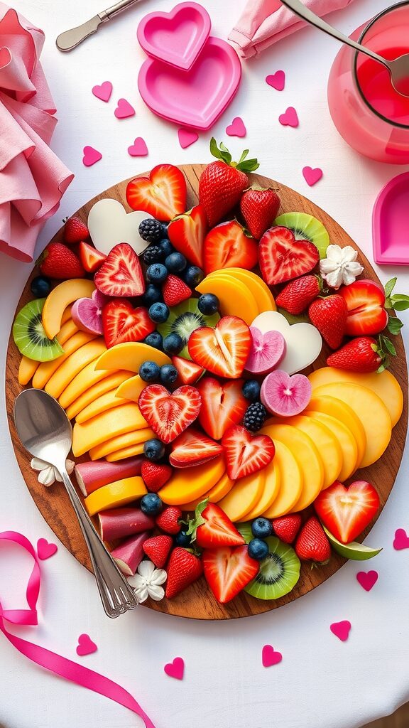 Valentine's Day fruit charcuterie board with heart-shaped fruits and colorful berries