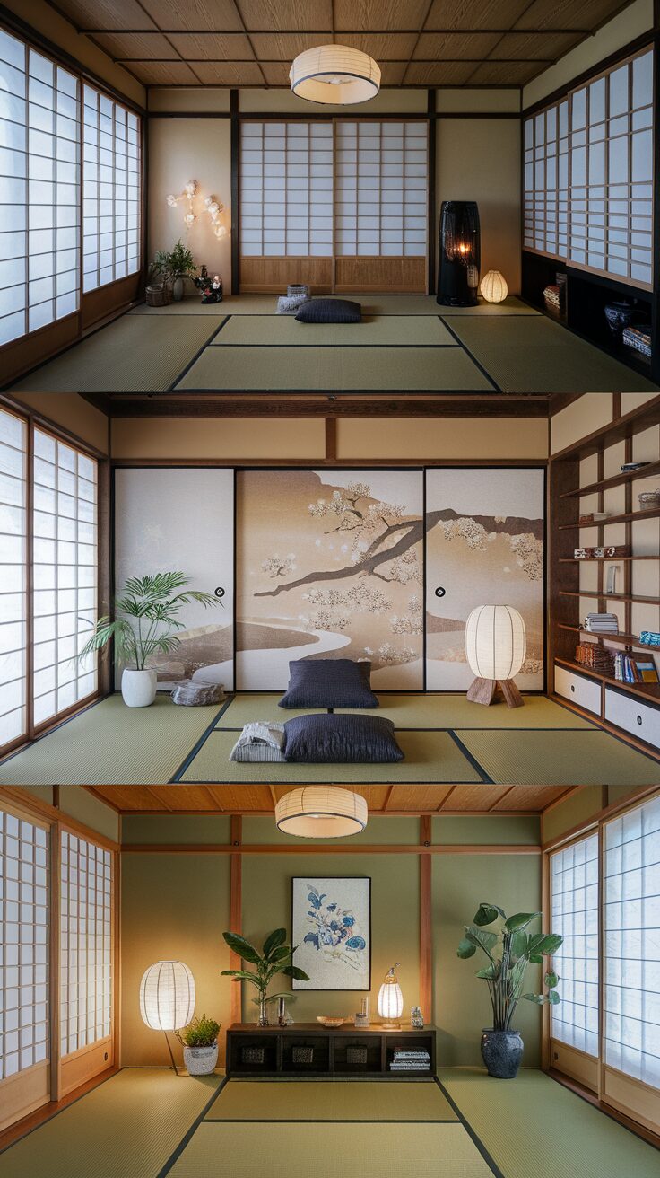 A beautifully designed Japanese gaming room featuring traditional decor, soft lighting, and comfortable seating.