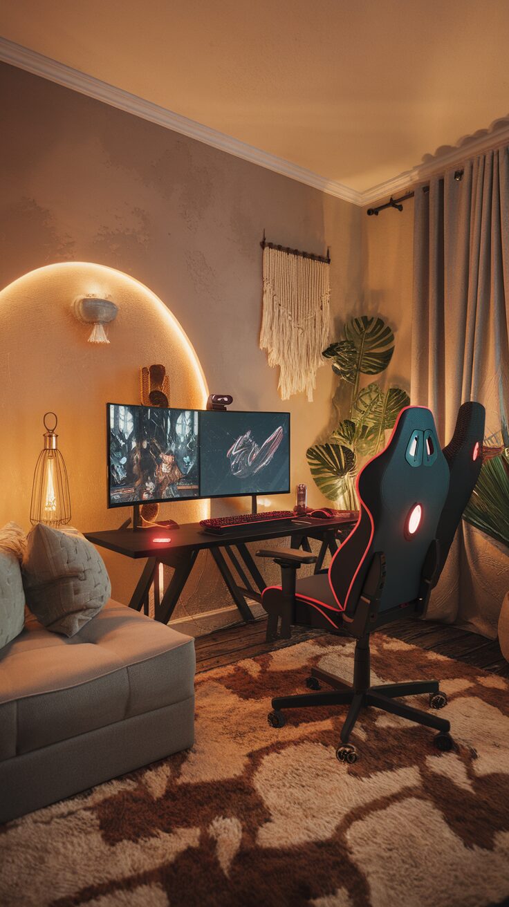 Cozy gaming room with pink gaming chairs and a stylish desk setup