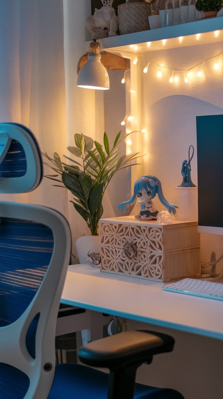 A cozy Japanese desk aesthetic featuring soft lighting, plants, and Ghibli-inspired decor.