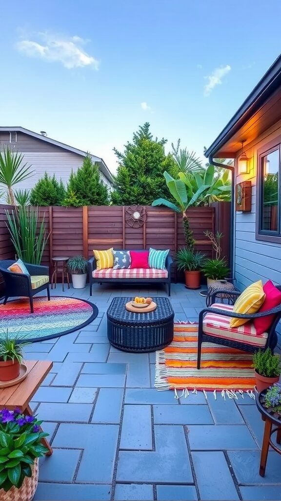 Colorful outdoor patio with concrete pavers, comfortable seating, and plants.