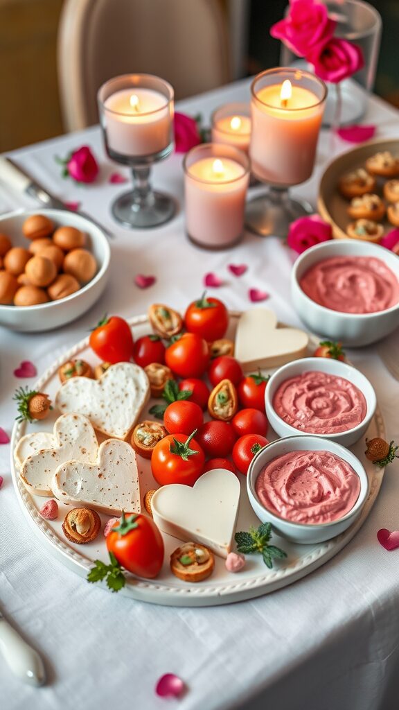 A colorful appetizer platter for a Galentine's party featuring cherry tomatoes, heart-shaped cheese slices, and dips.