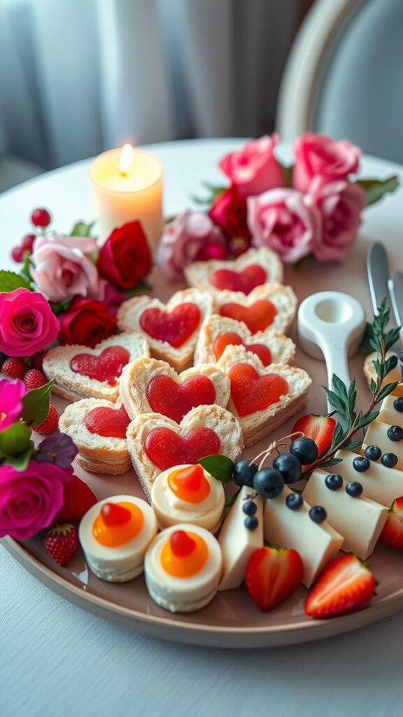 An elegant platter with heart-shaped sandwiches, mini cheesecakes, strawberries, and flowers, perfect for a Valentine's Day celebration.