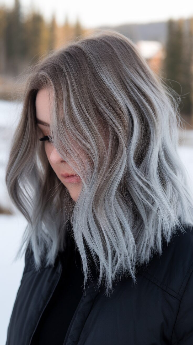 A woman with cool-toned silver hair, wearing a black jacket, standing in a winter landscape. Stunning Winter Hair Color Ideas