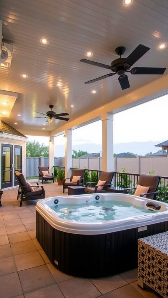 A covered patio featuring a jacuzzi, lounge chairs, and a modern design.