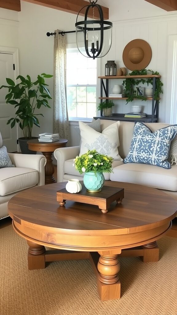 A cozy living room featuring a round wooden coffee table with a decorative centerpiece, surrounded by comfortable seating.