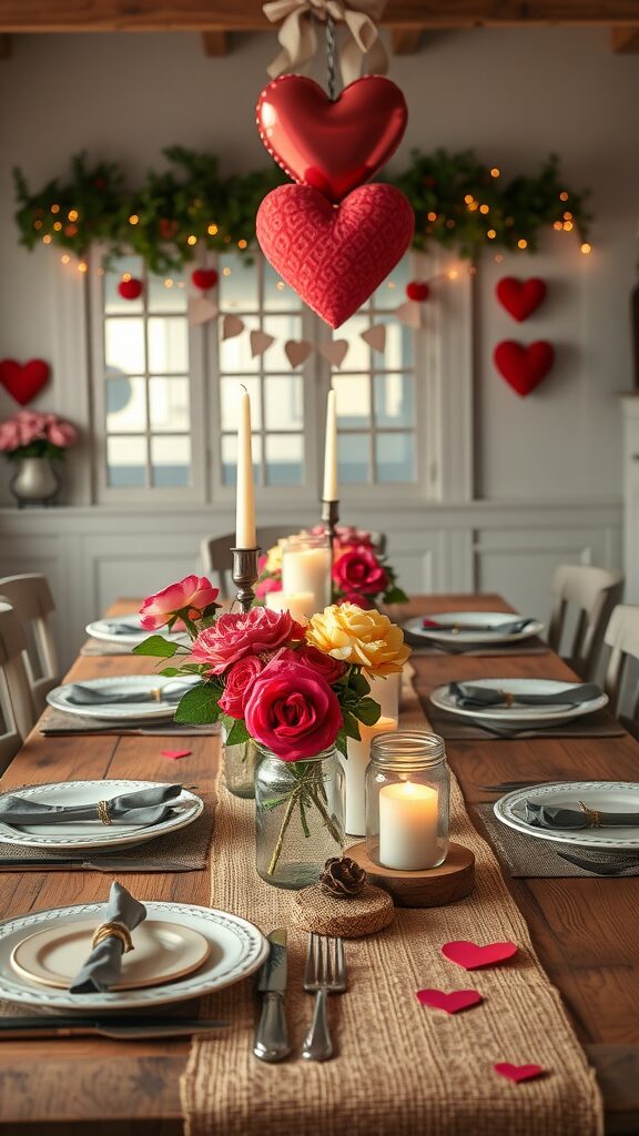 A beautifully decorated farmhouse table for Valentine's Day dinner featuring flowers, candles, and heart decorations.