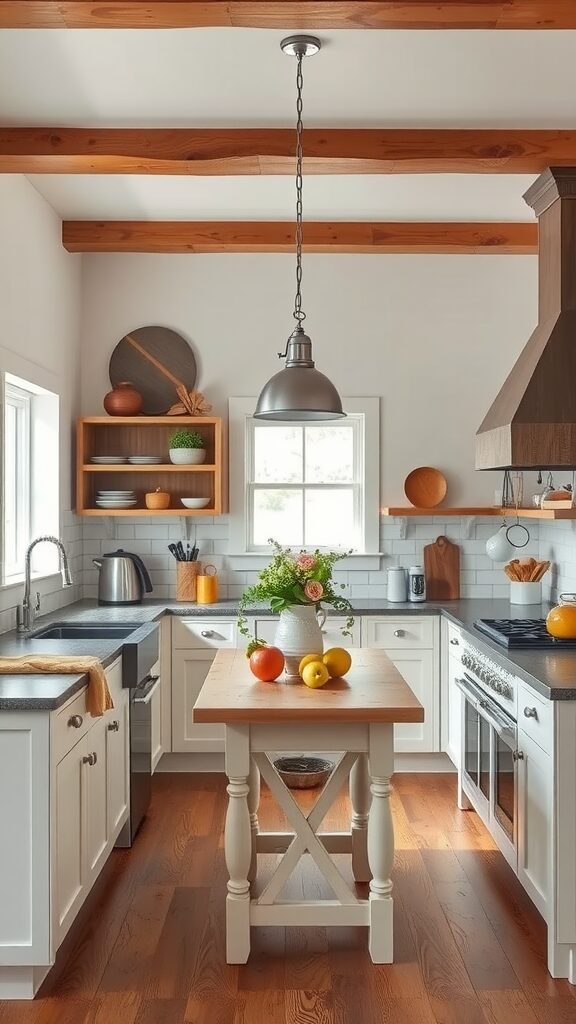 A cozy farmhouse kitchen with a small table in the middle, featuring wooden beams and bright decor.