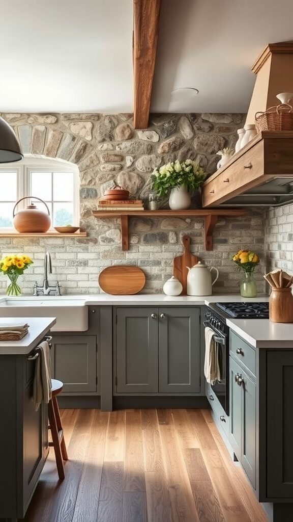 A farmhouse kitchen featuring taupe cabinets, a stone backsplash, and wooden accents.