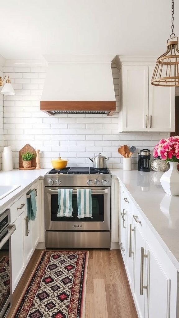 Modern farmhouse kitchen with white cabinets and a white brick backsplash.