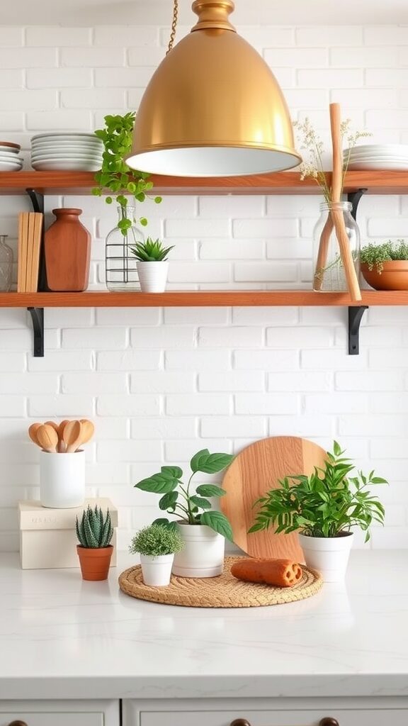 Stylish kitchen with white brick backsplash and wooden shelves filled with plants and kitchenware