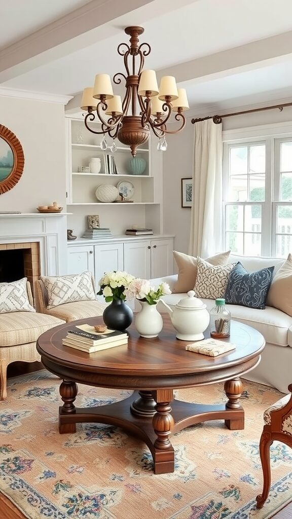 A stylish living room featuring a round wooden coffee table with floral decorations and comfortable seating.