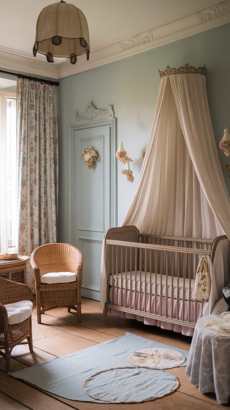 A vintage French nursery featuring soft colors and antique decor.