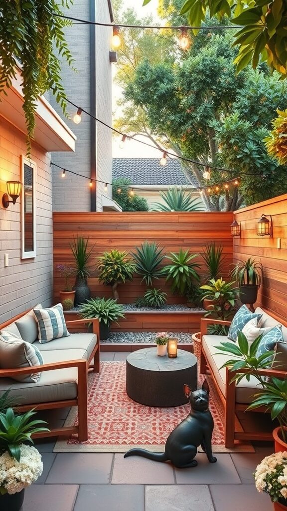 Cozy backyard patio with seating, plants, and warm lighting