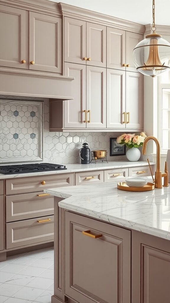 A beautifully designed taupe kitchen featuring mushroom grey cabinets and gold hardware.