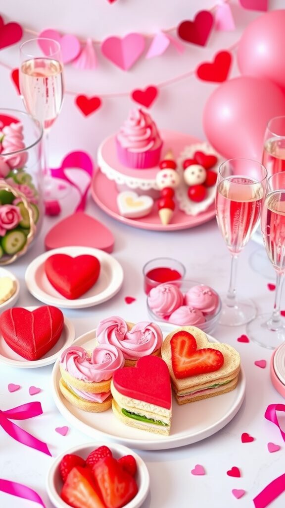 A colorful Galentine's Day spread featuring heart-shaped treats and desserts