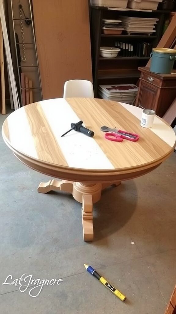 A round kitchen table in the middle of a rehabilitation process with tools and materials for DIY project.