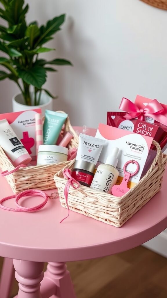 Two gift baskets filled with skincare products and a pink ribbon on a table