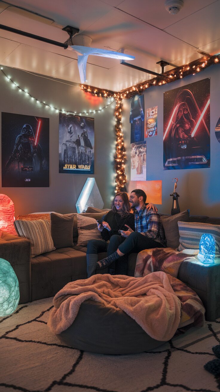 Couple enjoying a cozy gaming setup with themed decor and soft lighting.