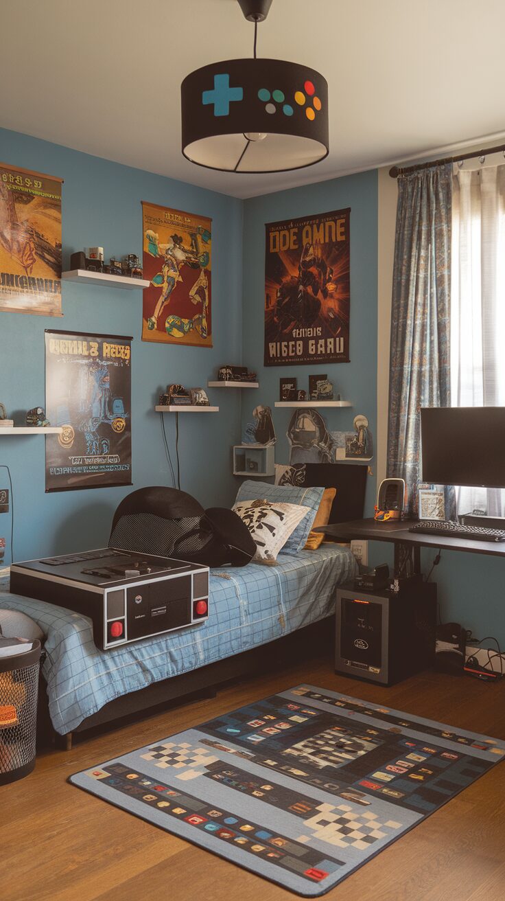 A stylish gamer bedroom featuring blue walls, gaming posters, a retro console, and LED lighting.