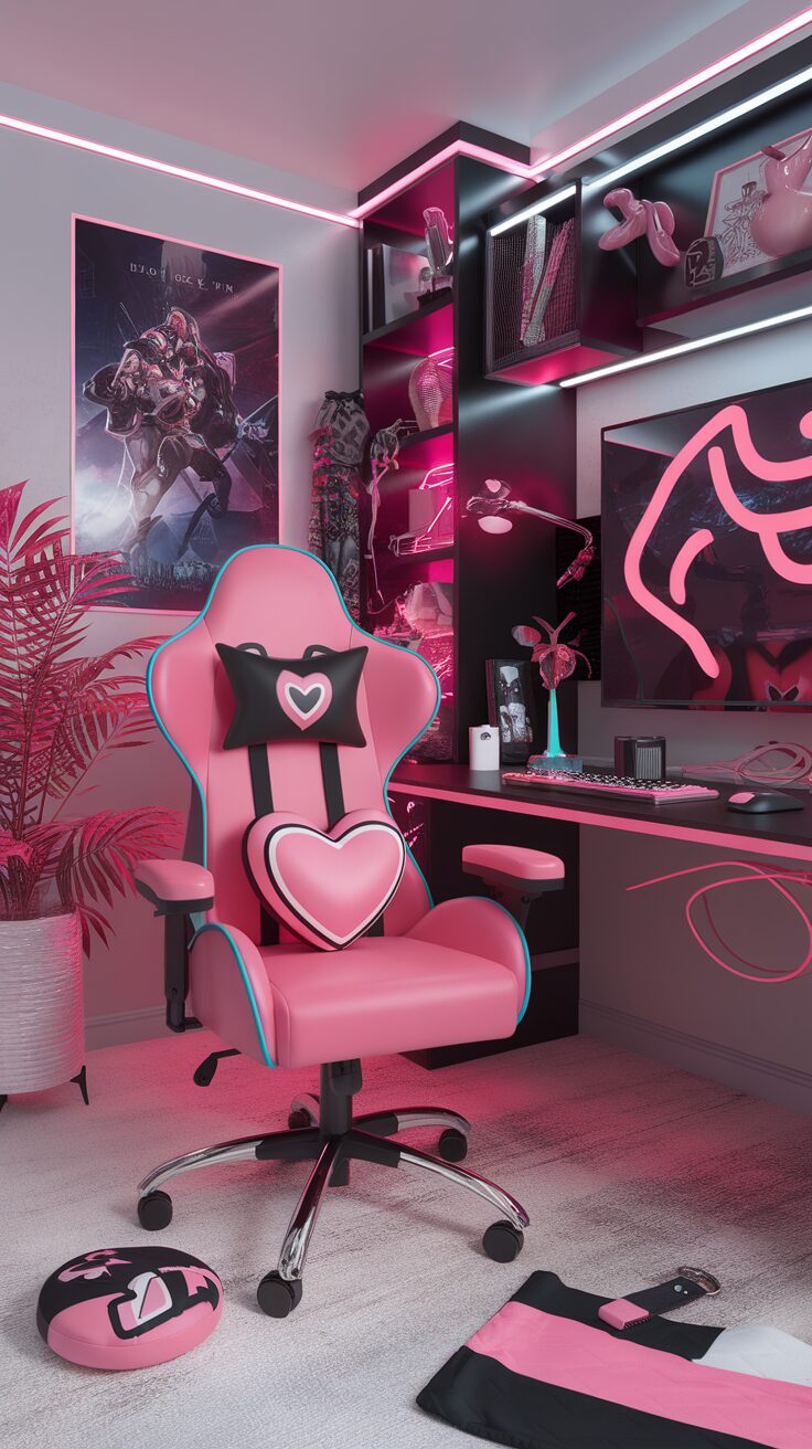 A stylish gaming room featuring a pink gaming chair, heart-shaped pillows, and vibrant decor.